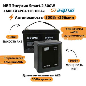 ИБП для котла Энергия Smart 2 300Вт + LiFePO4 Аккумулятор 12v 100Ah (300Вт - 256мин) - ИБП и АКБ - ИБП Энергия - ИБП для котлов отопления - . Магазин оборудования для автономного и резервного электропитания Ekosolar.ru в Уссурийске