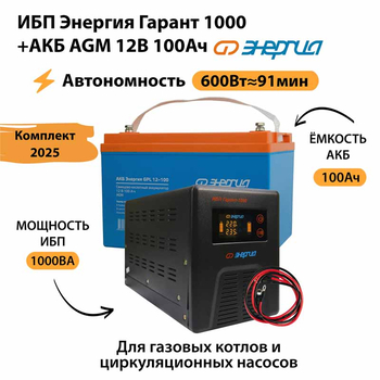 ИБП для котла Энергия Гарант 1000 + Аккумулятор 100 Ач 12 В (600Вт - 91мин) - ИБП и АКБ - ИБП для котлов - . Магазин оборудования для автономного и резервного электропитания Ekosolar.ru в Уссурийске