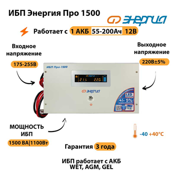 Энергия ИБП Про 1500 12В - ИБП и АКБ - ИБП для котлов - . Магазин оборудования для автономного и резервного электропитания Ekosolar.ru в Уссурийске