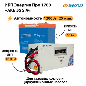 ИБП Энергия Про 1700 + Аккумулятор S 55 Ач - 12В (1200Вт - 25мин) - ИБП и АКБ - ИБП для котлов - . Магазин оборудования для автономного и резервного электропитания Ekosolar.ru в Уссурийске