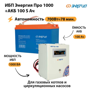 ИБП Энергия Про 1000 + Аккумулятор S 100 Ач - 12В (700Вт - 78мин) - ИБП и АКБ - ИБП для котлов - . Магазин оборудования для автономного и резервного электропитания Ekosolar.ru в Уссурийске
