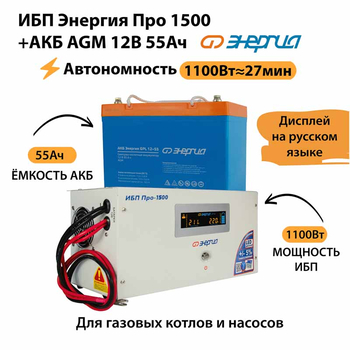 ИБП для котла Энергия Про 1500 + Аккумулятор 55 Ач 12 В (1100Вт - 27мин) - ИБП и АКБ - ИБП для котлов - . Магазин оборудования для автономного и резервного электропитания Ekosolar.ru в Уссурийске
