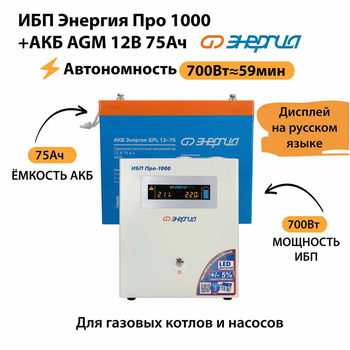 ИБП для котла Энергия Про 1000 + Аккумулятор 75 Ач 12 В (700Вт - 59мин) - ИБП и АКБ - ИБП для котлов - . Магазин оборудования для автономного и резервного электропитания Ekosolar.ru в Уссурийске