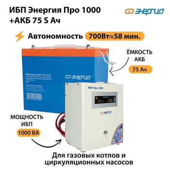ИБП Энергия Про 1000 + Аккумулятор S 75 Ач - 12В (700Вт - 59мин) - ИБП и АКБ - ИБП для котлов - . Магазин оборудования для автономного и резервного электропитания Ekosolar.ru в Уссурийске