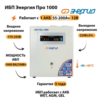 Энергия ИБП Про 1000 12В - ИБП и АКБ - ИБП для котлов - . Магазин оборудования для автономного и резервного электропитания Ekosolar.ru в Уссурийске