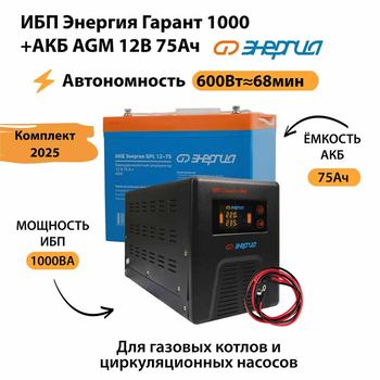 ИБП для котла Энергия Гарант 1000 + Аккумулятор 75 Ач 12 В (600Вт - 68мин) - ИБП и АКБ - ИБП для котлов - . Магазин оборудования для автономного и резервного электропитания Ekosolar.ru в Уссурийске