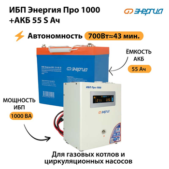 ИБП Энергия Про 1000 + Аккумулятор S 55 Ач - 12В (700Вт - 43мин) - ИБП и АКБ - ИБП для котлов - . Магазин оборудования для автономного и резервного электропитания Ekosolar.ru в Уссурийске