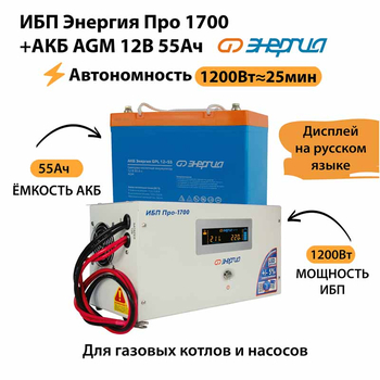 ИБП для котла Энергия Про 1700 + Аккумулятор 55 Ач 12 В (1200Вт - 25мин) - ИБП и АКБ - ИБП для котлов - . Магазин оборудования для автономного и резервного электропитания Ekosolar.ru в Уссурийске