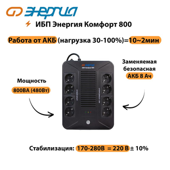 ИБП Комфорт 800 Энергия - ИБП и АКБ - ИБП для компьютера - . Магазин оборудования для автономного и резервного электропитания Ekosolar.ru в Уссурийске