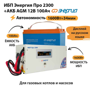 ИБП для котла Энергия Про 2300 + Аккумулятор 100 Ач 12 В (1600Вт - 34мин) - ИБП и АКБ - ИБП для котлов - . Магазин оборудования для автономного и резервного электропитания Ekosolar.ru в Уссурийске
