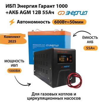ИБП для котла Энергия Гарант 1000 + Аккумулятор 55 Ач 12 В (600Вт - 50мин) - ИБП и АКБ - ИБП для котлов - . Магазин оборудования для автономного и резервного электропитания Ekosolar.ru в Уссурийске