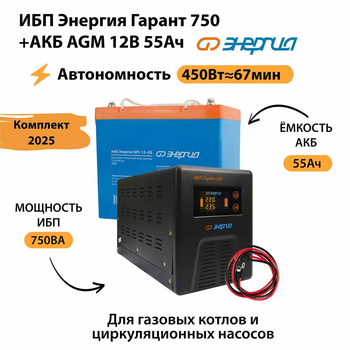 ИБП для котла Энергия Гарант 750 + Аккумулятор 55 Ач 12 В (450Вт - 67мин) - ИБП и АКБ - ИБП для котлов - . Магазин оборудования для автономного и резервного электропитания Ekosolar.ru в Уссурийске