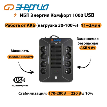 ИБП Комфорт 1000 USB Энергия - ИБП и АКБ - ИБП для компьютера - . Магазин оборудования для автономного и резервного электропитания Ekosolar.ru в Уссурийске