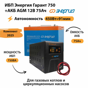 ИБП для котла Энергия Гарант 750 + Аккумулятор 75 Ач 12 В (450Вт - 91мин) - ИБП и АКБ - ИБП для котлов - . Магазин оборудования для автономного и резервного электропитания Ekosolar.ru в Уссурийске