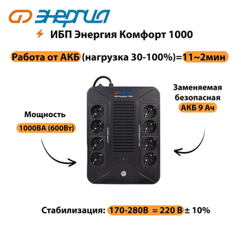 ИБП Комфорт 1000 Энергия - ИБП и АКБ - ИБП для компьютера - . Магазин оборудования для автономного и резервного электропитания Ekosolar.ru в Уссурийске