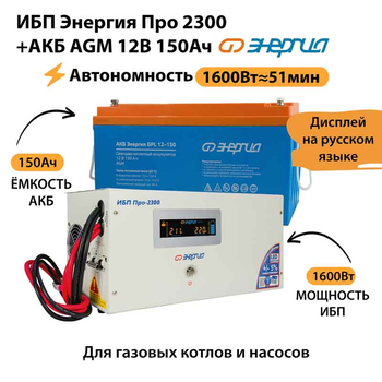 ИБП для котла Энергия Про 2300 + Аккумулятор 150 Ач 12 В (1600Вт - 51мин) - ИБП и АКБ - ИБП для котлов - . Магазин оборудования для автономного и резервного электропитания Ekosolar.ru в Уссурийске