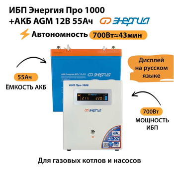 ИБП для котла Энергия Про 1000 + Аккумулятор 55 Ач 12 В (700Вт - 43мин) - ИБП и АКБ - ИБП для котлов - . Магазин оборудования для автономного и резервного электропитания Ekosolar.ru в Уссурийске