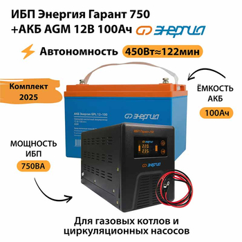 ИБП для котла Энергия Гарант 750 + Аккумулятор 100 Ач 12 В (450Вт - 122мин) - ИБП и АКБ - ИБП для котлов - . Магазин оборудования для автономного и резервного электропитания Ekosolar.ru в Уссурийске