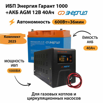 ИБП для котла Энергия Гарант 1000 + Аккумулятор 40 Ач 12 В (600Вт - 36мин) - ИБП и АКБ - ИБП для котлов - . Магазин оборудования для автономного и резервного электропитания Ekosolar.ru в Уссурийске
