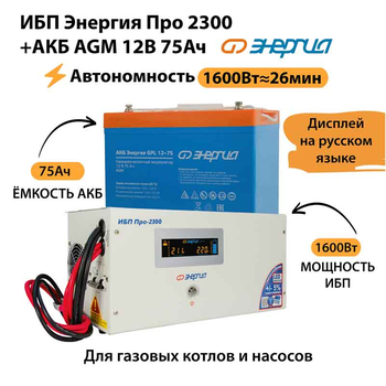ИБП для котла Энергия Про 2300 + Аккумулятор 75 Ач 12 В (1600Вт - 26мин) - ИБП и АКБ - ИБП для котлов - . Магазин оборудования для автономного и резервного электропитания Ekosolar.ru в Уссурийске
